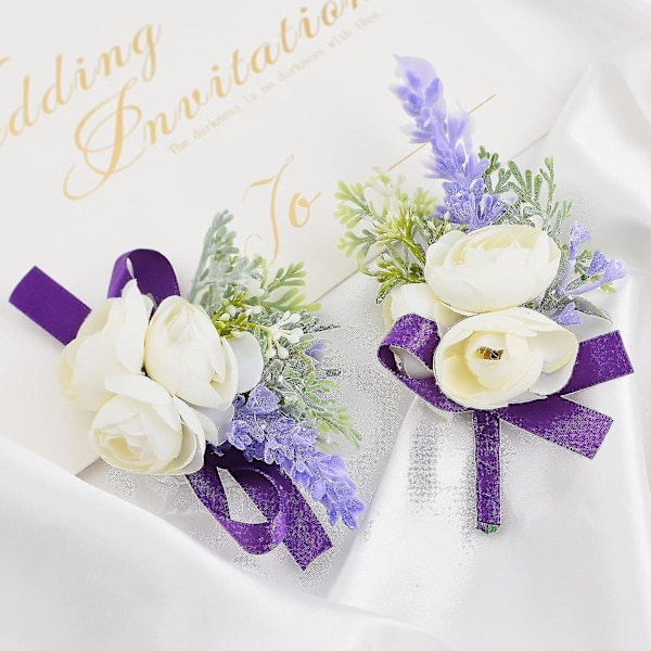 2 st handledsblommor, konstgjorda bröllopshandledsblommor och boutonniere set brud handblomma män boutonniere för bröllop, lila band