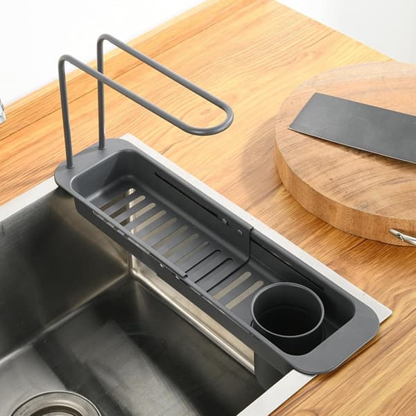 Utvidbart oppvaskstativ i rustfritt stål over vasken med redskapsholder, svampoppbevaring og dreneringsbrett, grå, 31,5–44,5 cm