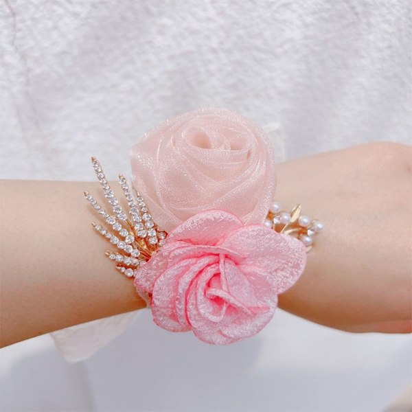 Piger Brudepige Håndledsblomster Perle Rhinestones Rose Armbånd Stof Håndblomster 1
