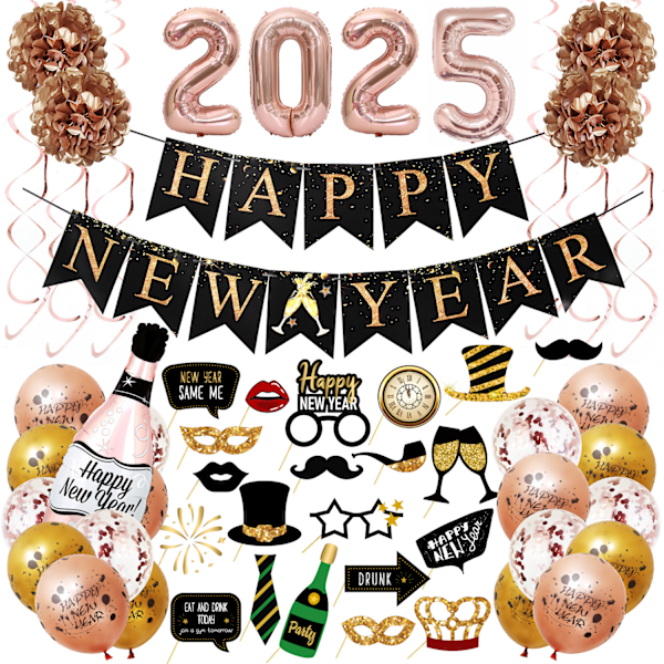 Roseguld Happy New Year Dekorationssæt Nytårsfest Tilbehør, til Happy New Year Dekorationer 2025