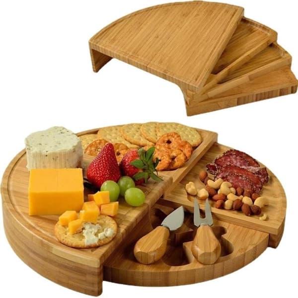Ostbricka i bambu med 2 ostknivar i rostfritt stål, 4-vånings vikbar design för fester och picknick, 33 cm