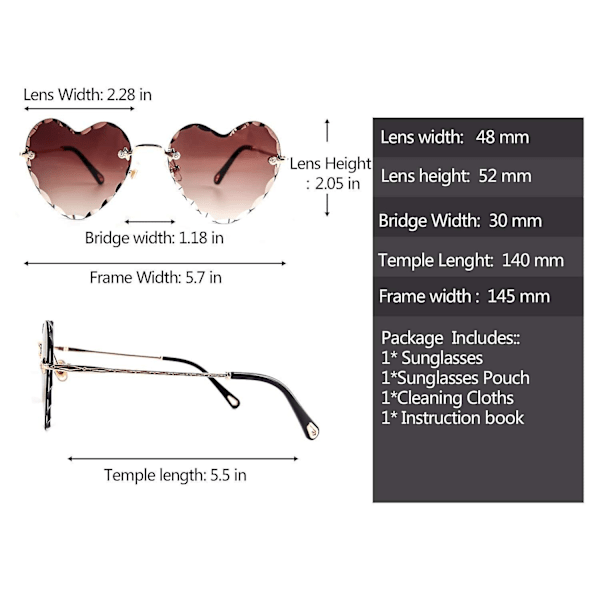 Hjerte Solbriller Uden Stel Tyndt Metal Stel Hjerteformede Solbriller Søde Briller Til Kvinder Brun
