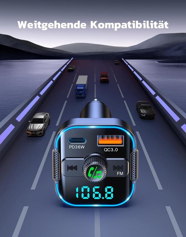 Bluetooth FM-sändare för bil, PD 36W & QC 3.0 snabbladdare med dubbla mikrofoner, handsfreesamtal, brusreducering & batterispänningsdisplay