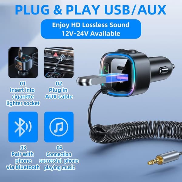 Bluetooth 5.4 -autoadapter, 3,5 mm AUX ja 42 W PD QC -pikalataus, handsfree-vastaanotin älypuhelimille ja autoille, musta