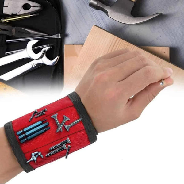 Magnetiska handledsband - rött magnetiskt handledsband för att hålla skruvar - med starka magneter, tillverkat av magnetisk polyester med