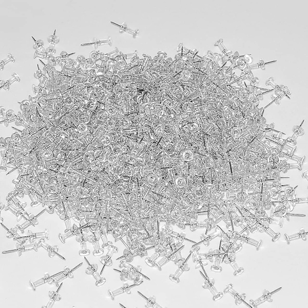 Trycknålar 1000 st i återanvändbar låda, standard genomskinliga tummenålar i stål och genomskinlig plast