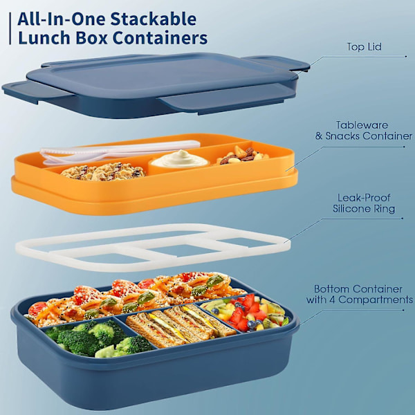 Bento Box Lunchlådor, 2000 ml Bento Lunchlåda för Vuxna Barn, Stapelbar Japansk Lunchlåda med 8 Fack, Läckagesäker Måltidsförberedelse (Blå)