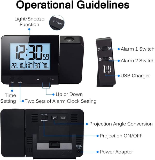 Projection Clock, Digital Alarm Clock, LED Display Projection Clock with Backlight and Snooze, 2 Alarm Sounds (Black)