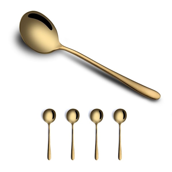 5 PCS Round Stainless Steel Bouillon Spoons Soup Spoons, Gold Stainless Steel Large Round Spoons, Heavy-Weight Round Deep