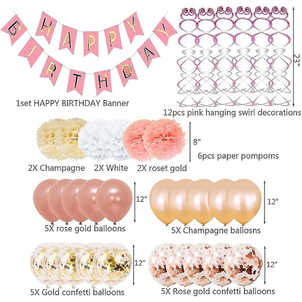 Fødselsdagspynt, Gratulerer med dagen for jenter og kvinner, inkluderer 52 stk. bannere i roségullballonger for 18., 19., 20., 21., 22., 24., 25., 30., 40., 45.