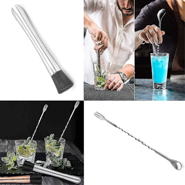 4 stk. Cocktail Muddler & Spiral Mixing Spoon i rustfritt stål, Hjemmebarverktøysett for å lage Mojito Mint Juleps Drikk Safter