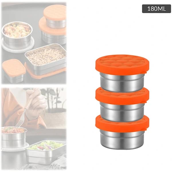 Snackbeholdere i rustfrit stål med silikonelåg, lækagesikker 3-pak til børn og voksne, 180 ml orange