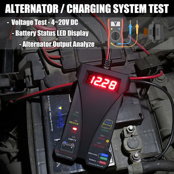 12V Digital Bilbatteritester Voltmeter og Ladesystemanalysator med LCD-skjerm og LED-indikasjon - Svart Gummimaling