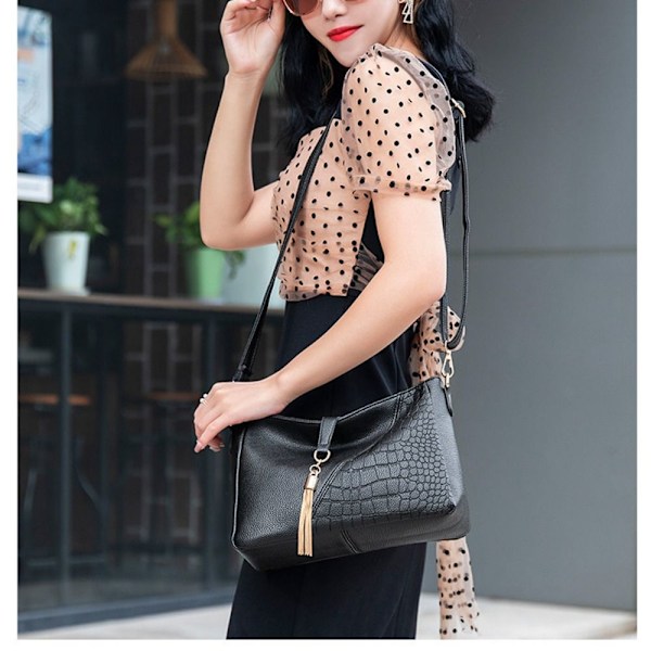 Mjuk Läder Väska Dam Tofs Axelväska Crossbody Väska black