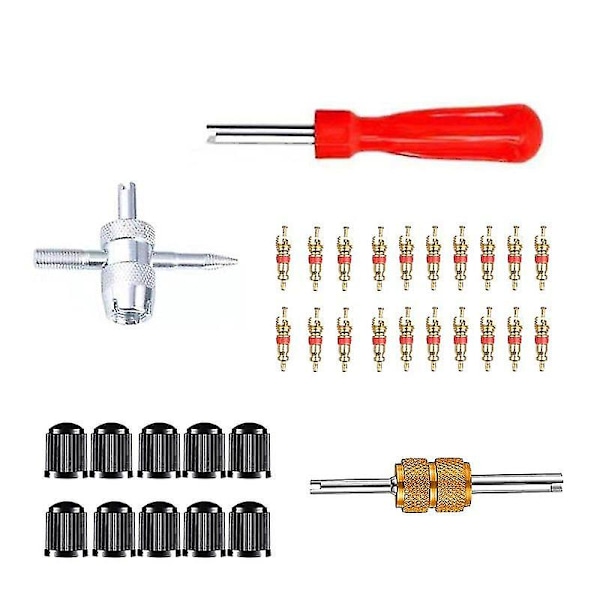 Auto Tire Valve Core Tool Valve Core Tool Valve Cap 4-in-1 Valve Core Kit - 1 Set Of 33 Pack