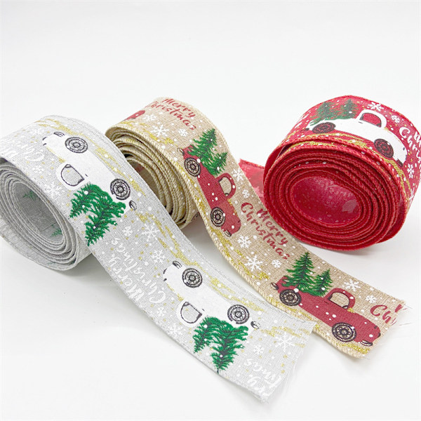 3 Rullar 3 Färger Naturlig Burlap Tygband, Trådbundna Julklappsband med Vintage Lastbil Snöflinga