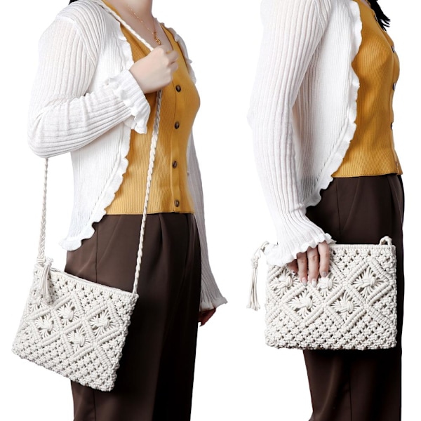 Handvävd Crossbody-väska i halm för kvinnor, bohemisk strandväska med axelrem, tofsar och dragkedja white