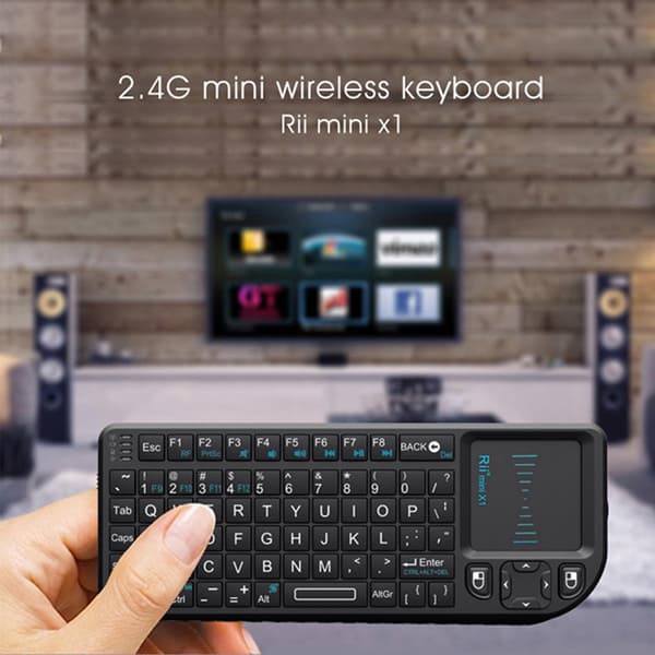 Rii X1 Mini trådlöst tangentbord 2,4 GHz med pekplatta, stöder engelsk/rysk/spansk/fransk inmatning, för Android TV-box, PC, bärbar dator, svart
