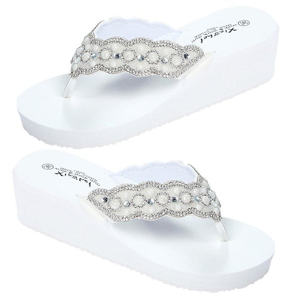 1 Pair Non-slip Beach Shoes Slipsole Shoes Flops Pearl Diamond Shoes for Summer Women Wearing (White Size 39 24.5CM, 7.5US, 5UK, 38.5EU, 9.6285Inch)