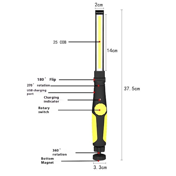 Keltainen Työvalo Latautuva Työvalo, Ohut USB-Tarkastusvalo 360° Kääntyvä Magneettinen Jalusta & Koukku