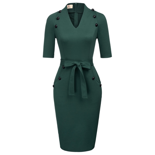 Kortärmad Bodycon-klänning för kvinnor med bälte Business Cocktail Funeral Pencil-klänning med fäste green XXL