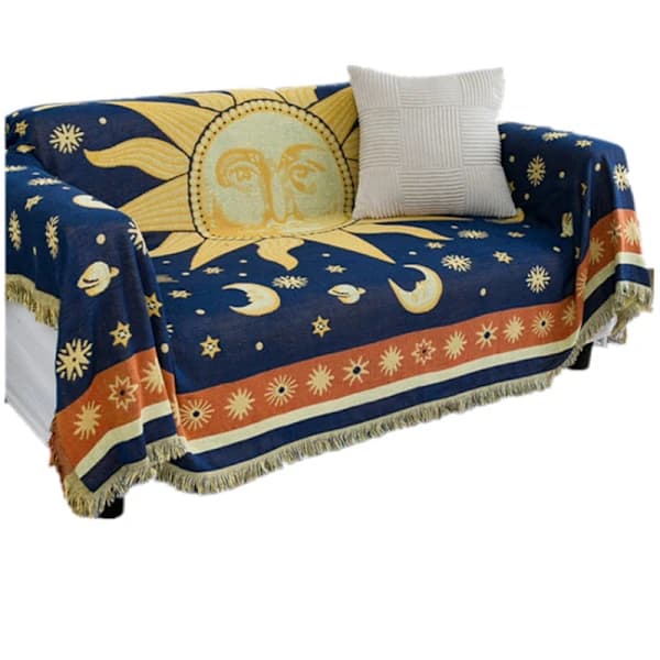 Jacquardvævet Tæppe Sol Måne Mønster Retro Sofabetræk Sofa Sengeindretning Blå 90x150cm Blue 90x150cm