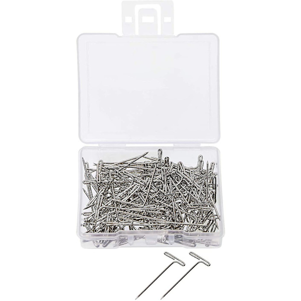 100 st 27 mm förnicklade stål T-stift silver T-formade stift för blockering stickning, modellering hantverk och kontor med plastbox.