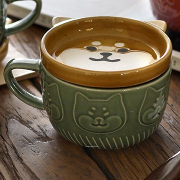 2x Japansk søt krus Keramisk Shiba Inu Panda Kaffe Kopp Med Lokk Hjem Par Melk Frokost Kopp(grønn)