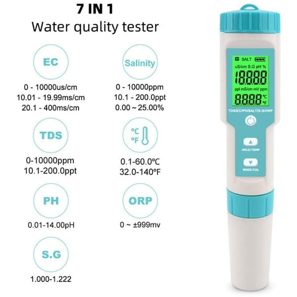 7-i-1 Vandkvalitetstester til Pools, Hydroponics, Akvarier - Måler PH, Saltholdighed, TDS, EC, ORP, Temperatur