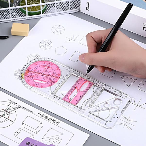 Multifunctional Geometric Ruler Geometric Drawing Template Measuring Tool for School Supplies Transparent Red Transparent Red