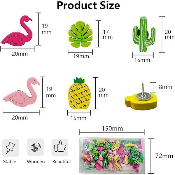 50 stk Dekorative Tommelnagler Flamingo Ananas Palmblad Trepinner Søte Dekorative Trepushpinner