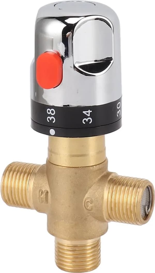 Termostatisk blandeventil, solid messing 3-veis G1/2 DN15, presis temperaturkontroll for baderom, toalett, dusj, vask og bidet