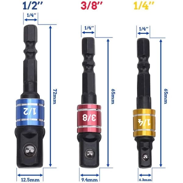 3 st Slagnyckeladapterset för 1/4\", 3/8\" och 1/2\" Mutterdragare