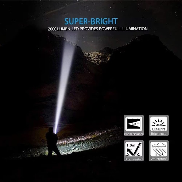 LED Taktisk Ficklampa, Superljus LED Ficklampa Uppladdningsbar 2000 Hög Lumen, Fickstorlek LED-Fackla med Klämma