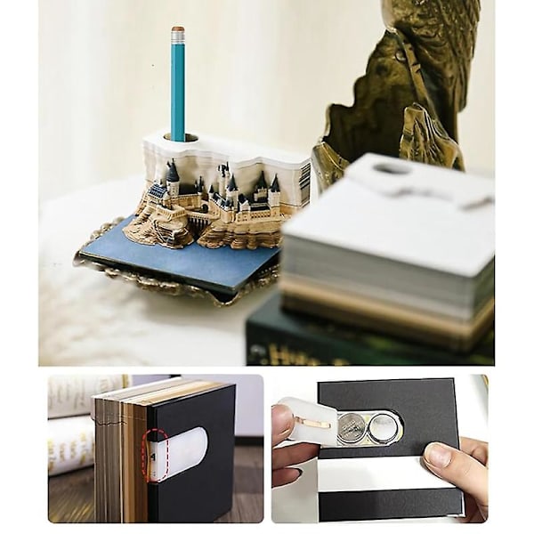 2024 Skrivbords kalender med LED-lampor, pappersutskärning 3D slott kalender anteckningsblock, riv-anteckningsblock, papper