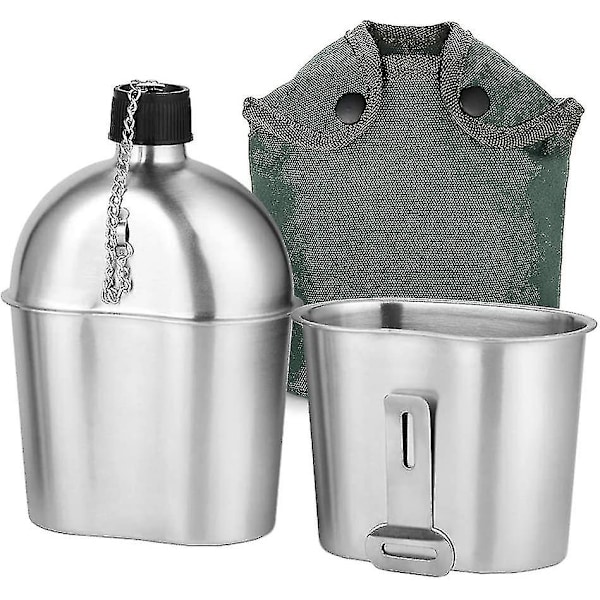 Militär Vattenflaska Kit 2st 1000ml 600ml Rostfritt Stål Militär Vattenflaska Kopp Set Med Överdrag Väska För Utomhus Camping Vandring Ryggsäck
