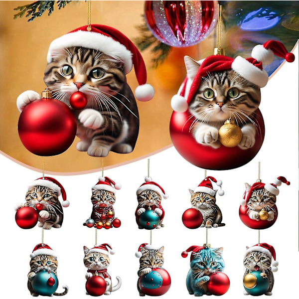 10pcs Christmas Tree Cat Pendant 2d Acrylic, Christmas Cat Hanging Decoration Funny Christmas Cat Ornament For Christmas Tree Gift n