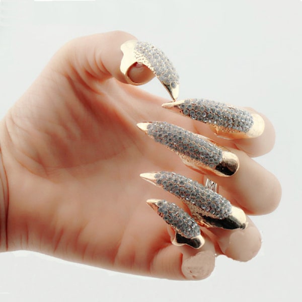 Sett med 5 gull Forskjellige størrelser Falsk negl Punk stil Fingernegl klo ring Retro krystall finger ringer kvinner menn