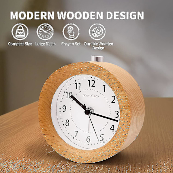 Analog väckarklocka utan tickande, väckarklocka i trä med snooze, sängbordsur med nattlampa, retro väckarklocka analog batteridriven 1*aa