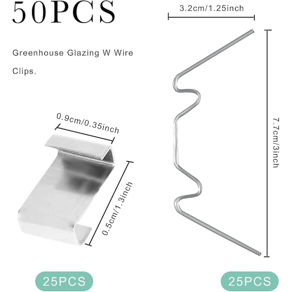 50 st växthusglasklämmor, växthusklämmor i rostfritt stål - 25 W-klämmor och 25 Z-klämmor
