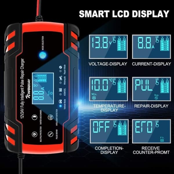 12V/24V 8A Billader - Intelligent LCD-skjerm med Multibeskyttelse