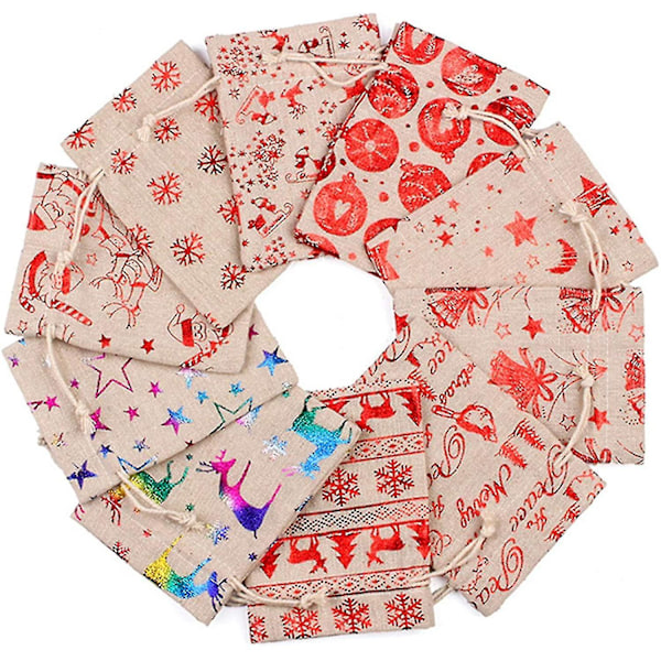 24 kappaletta metallinhohtoisia joululahjapusseja, kangaspusseja, joululahjapusseja, karkkipusseja, herkkupusseja, lahjapusseja karkkipaperille, syntymäpäiville, jouluun