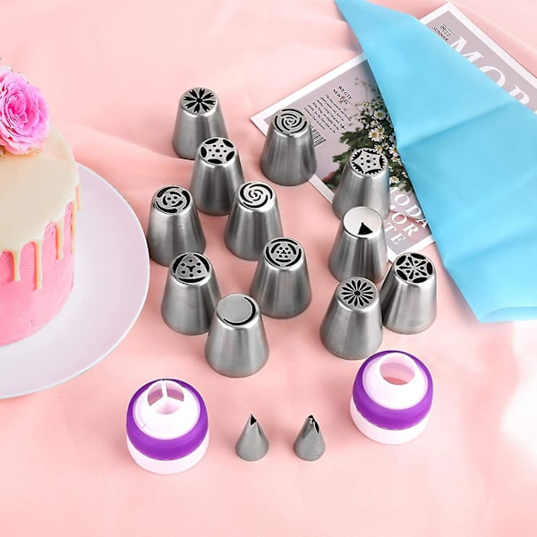 27-delt sett med russiske tips, kakedekoreringstips, baketilbehør for cupcakes, kaker og bursdagsfester