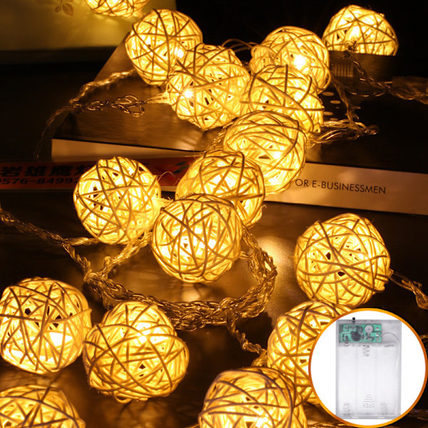 Rattan Ball String Lights med 20 glödlampor, anslutningsbara inomhus- och utomhuslyktor för sovrum, bröllop, trädgårdsfest, bakgårdsdekoration