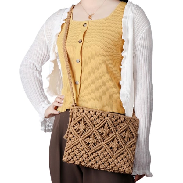 Handvävd Crossbody-väska i halm för kvinnor, bohemisk strandväska med axelrem, tofsar och dragkedja light gray