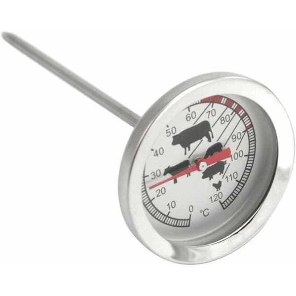 Stegetermometer i rustfrit stål - Analogt kødtermometer op til 120°C - Grilltermometer - Kødnål