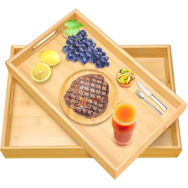 2 st Bambu Serveringsbrickor, Träbricka, Rektangulär Serveringsbricka med Handtag, Frukostbricka Serveringsbricka för Bordsartiklar, Drycker, Festmottagning - L
