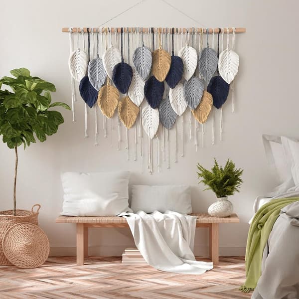 Handvävd väggbonad med lövmönster och tofsar, stor makramé boho-väggkonst för sovrum, vardagsrum och kontor, 100x80 cm