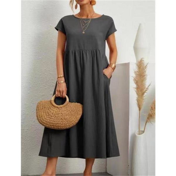 Rejäl ärmlös lös ficka bomullslinneklänning för kvinnor dark gray XL