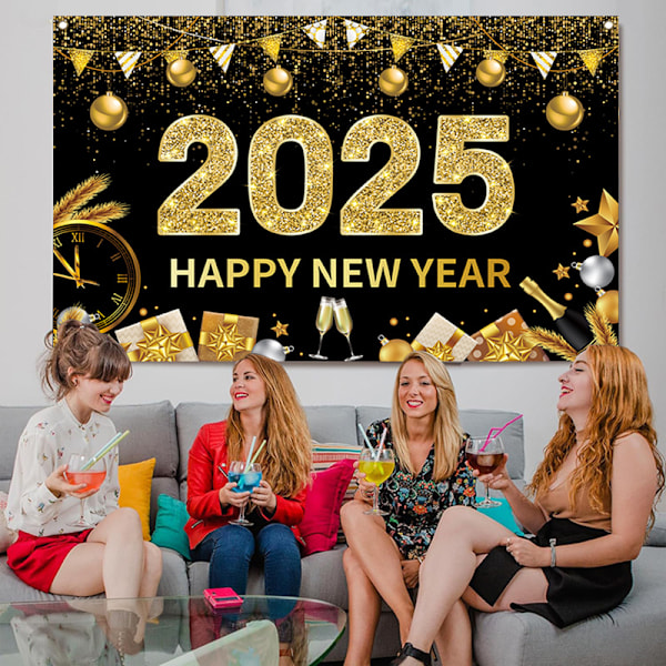 Svart Happy New Year 2025 Banner Bakgrunn, Ferie Skilt Poster Bakgrunn Dekor, for enkel transport og oppbevaring